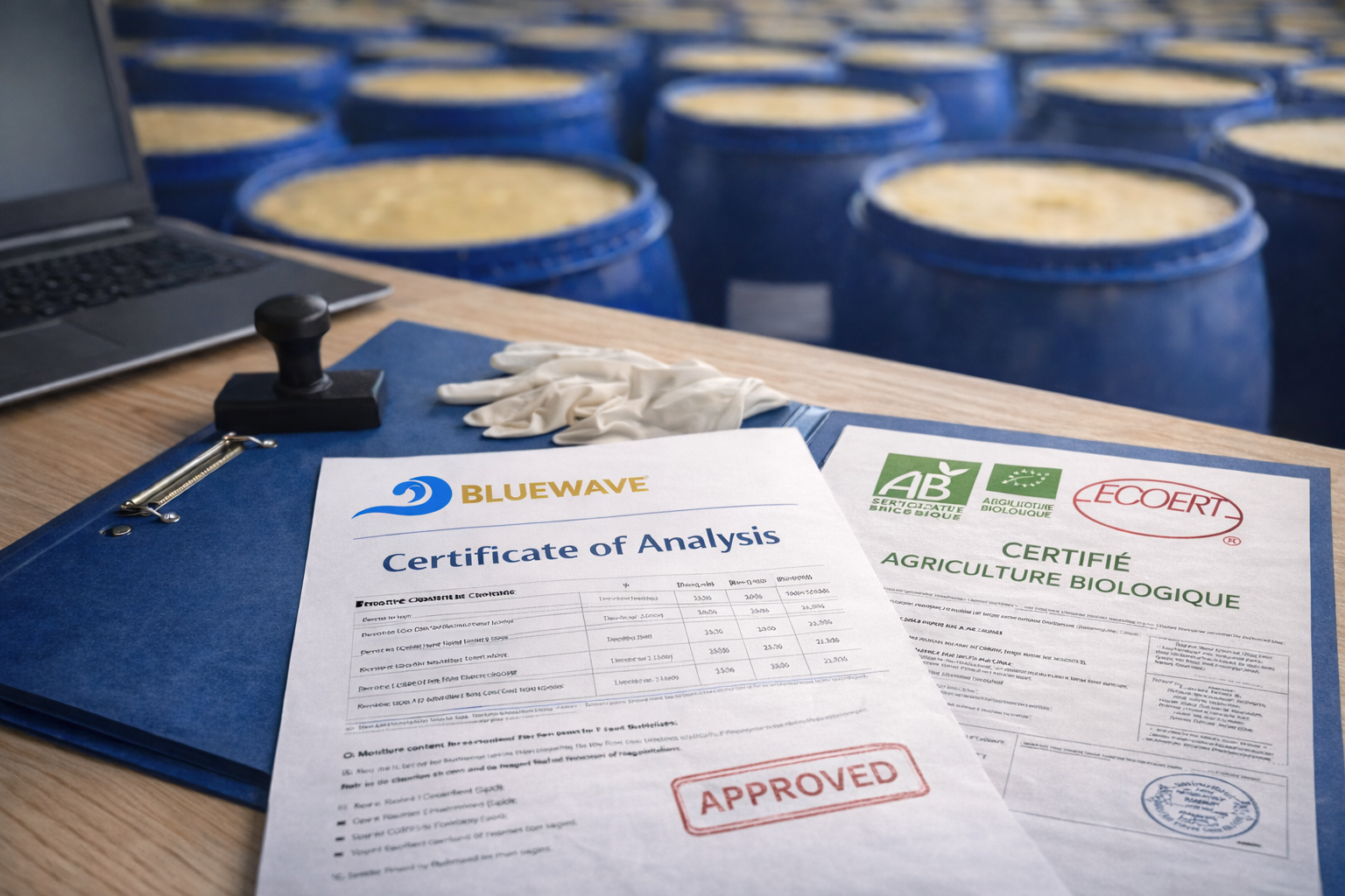 BlueWave Certificate of Analysis and organic certification documents with approved stamp